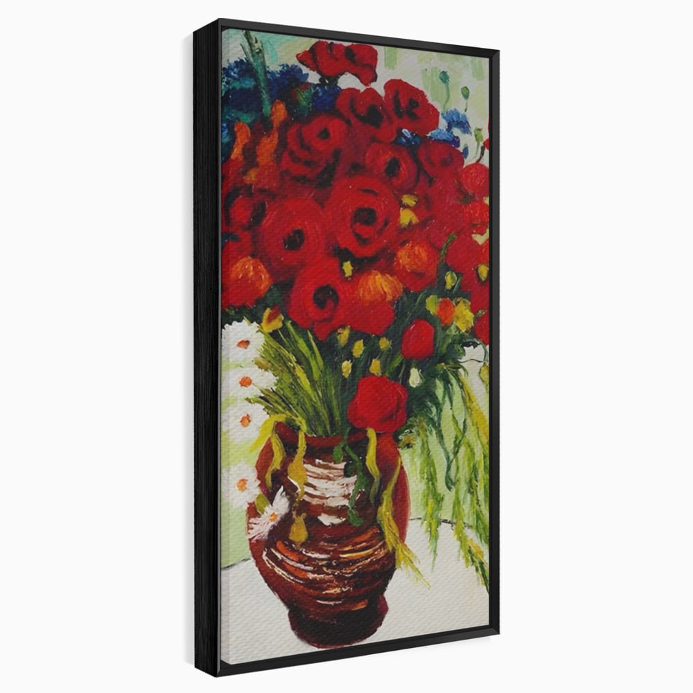 Tablou canvas cu pictura cu vaza plina de maci, in rama de aluminiu negru